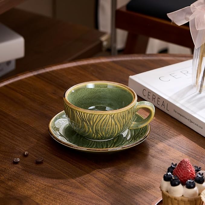 Coffeezone Vintage Design 12 oz Ceramic Latte Art Cappuccino Barista Cup with Saucer (Wave Green)