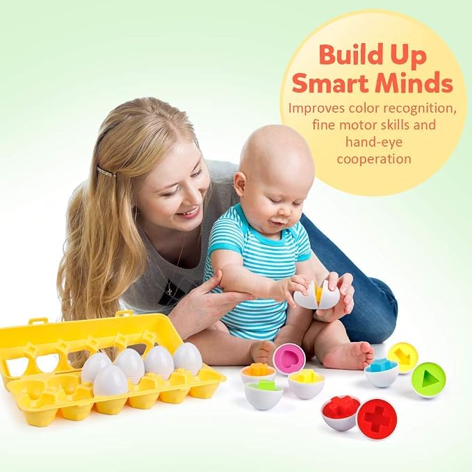 Coogam Matching Eggs 12 pcs Set Color & Shape Recoginition Sorter Puzzle for Toddlers Easter Travel Game Early Learning Educational Fine Motor Skill Montessori Gift for Year Old Kids