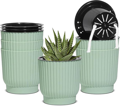T4U 4 Inch Plant Pots Self Watering, 6 Pack African Violet Pots, Small Plant Pots for Plants, Small Indoor Plant Pot, Self Watering Planter for African Violet, Succulents (6 Pack 4" Pots, Green)