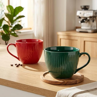24 oz Large Ceramic Coffee Mug Set of 2, Red & Green Ribbed | Jumbo Mugs with Handle, Giant Soup Cups for Hot Chocolate, Latte, Oatmeal - Ideal Gift for Dad & Grandpa, Large Soup Bowl