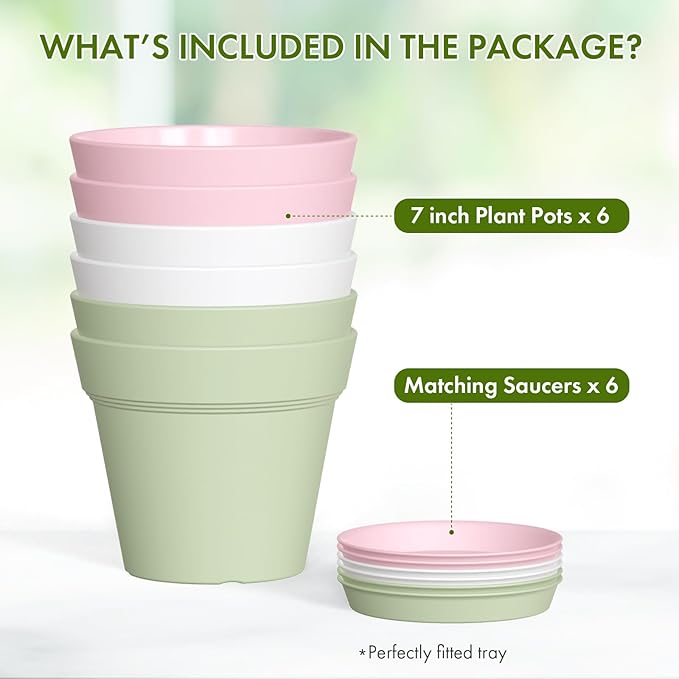 7 Inch Thick Plastic Plant Pots with Drainage Holes and Trays – 6 Pack Nursery Pots for Indoor & Outdoor House Plants, Seedling Starter Planters for Garden Flowers, Colorful
