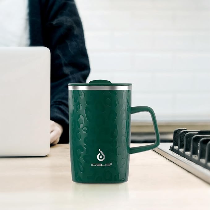 Ideus 16oz Insulated Stainless Steel Coffee Mug with Lid Leopard Dark Green | Perfect for home, office, or daily use| Easy to clean wide mouth| Sweat-proof| On the go