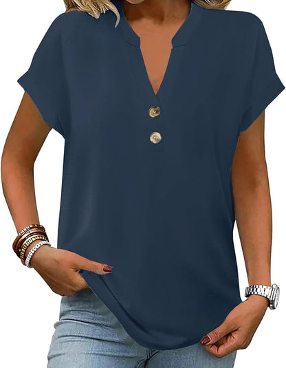 Womens Henley Summer Tops V Neck Button Dressy Casual T Shirts Blouses | Breathable, V-Neck Button, Striped, Loose Fit, Business Casual, Office, Vacation, Spring Summer Tops, Basic Shirts