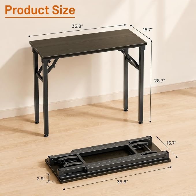 Folding Table Computer Desk - 35.8" No Assembly Folding Desk Design and Foldable Office Desk, Small Desk for Bedroom, Compact Storage Portable Use for Dorm and RV Small Space, Dark Oak