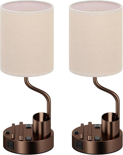 Fenmzee Bedside Lamps for Bedroom Set of 2 - Table Desk Lamp for Nightstand | 15" Table Lamp for Living Room with Pen Holder & Phone Stand, USB A+C Port, AC Outlet, 3 Color Temperature, LED Bulb Included