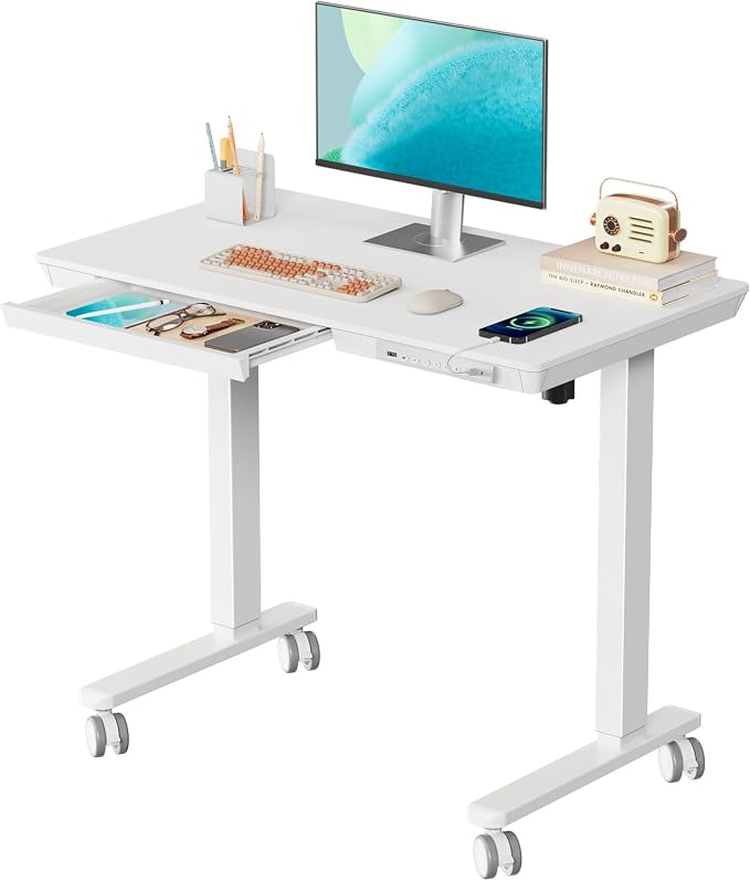 35" Electric Standing Desk with Drawer, 4 Lockable Wheels | Height Adjustable Quick Install One-Piece Tabletop with USB Charging Port, Small Sit to Stand up Desk for Home Office, White
