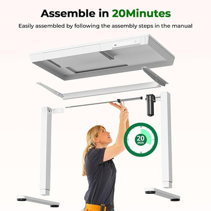 35" Electric Standing Desk with Drawer, 4 Lockable Wheels | Height Adjustable Quick Install One-Piece Tabletop with USB Charging Port, Small Sit to Stand up Desk for Home Office, White