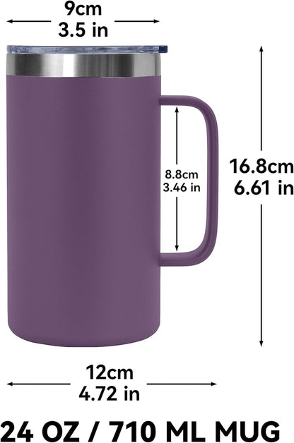 DOMICARE 24oz Mug with Handle and Lid, Stainless Steel Coffee Mug, Travel Mug with Handle, Double Wall Vacuum Coffee Tumbler, Reusable Insulated Cup, Dark Purple, Pack 8
