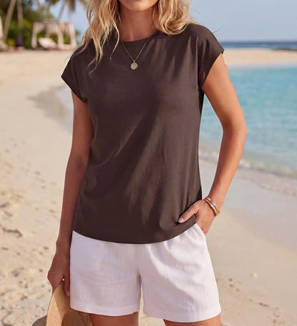 GRECERELLE Womens Summer Tops Cap Sleeve Crew Neck Basic T-Shirt | Everyday Casual Wear, Layering Friendly, Wrinkle-Resistant, Business Casual Ready, Lightweight & Packable, Capsule Wardrobe
