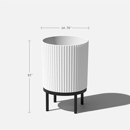 Veradek Demi Series Round Planter w/Stand for Porch/Patio | Durable Plastic-Stone Composite & Wooden Stand | Modern Décor for Tall Plants, Flowers