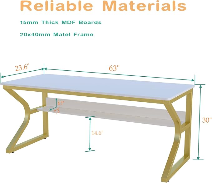 OSCHF 63-Inch Extra Long Desk with Storage Shelf, Gold | Double Long Writing Table, Space-saving, 2-Person Workstation, Modern Study Work Computer Desk, For Home Office