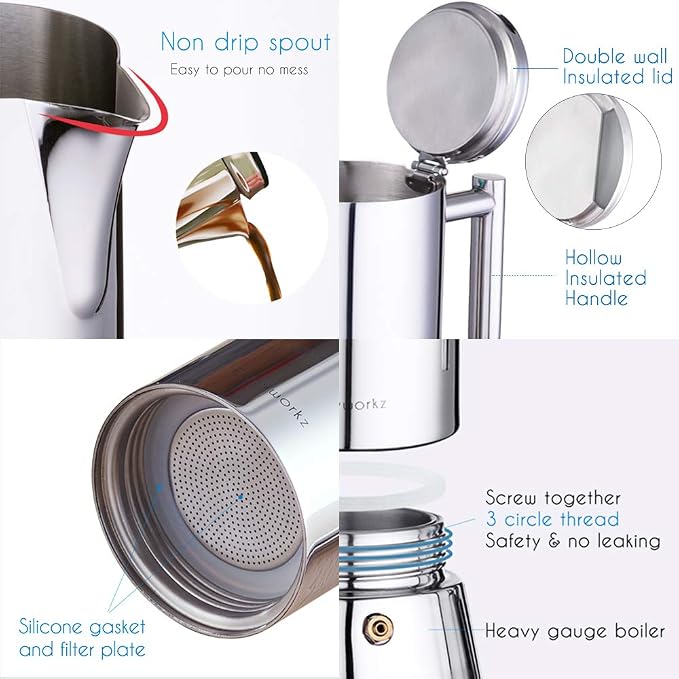 Easyworkz Diego Stovetop Espresso Maker Stainless Steel Italian Coffee Machine Maker 12Cup 17.5 oz Induction Moka Pot
