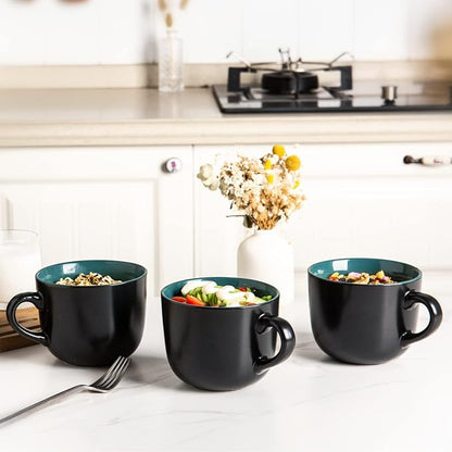 GBhome Jumbo Soup Mugs with Handles, 24 Oz Large Coffee Mugs Set of 4 | Ceramic Soup bowls for Soup Cereal Snacks Salad Noodles Cups, Microwave safe - Matte Black, Green Inside