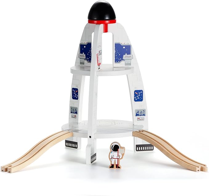 SainSmart Jr. Wooden Train Track Accessory, Space Launcher Rocket Ship Play Set with Astronauts, Compatible with Brio, Thomas, Melissa and Doug