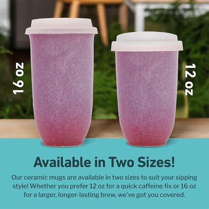 NOVA CERAMICS Coffee Travel Mug – Cup Holder Friendly Travel Mug– Microwave & Dishwasher Safe White & Purple Tumbler - Coffee Mug Fits In Cup Holder – 12oz – Astral Bloom