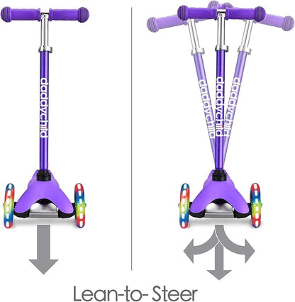 3-Wheel Kick Scooter for Kids Ages 3-8 Lean-to-Steer Toddler Scooter with Extra Wide Light Up Wheels, 4 Adjustable Heights, Foldable Scooters for Boys & Girls, Max Weight 110lbs