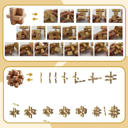 9PCS Brain Teaser Puzzles for Adults, Mind Puzzle Ancient Wooden and Metal Puzzles 3D Unlock Interlock IQ Puzzle Box Game for Adults