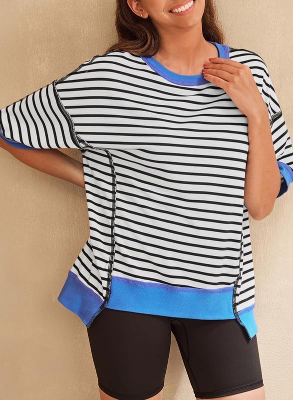 SHEWIN Womens Tops Casual Short Sleeve Sweatshirt Crewneck Striped Shirt Pullover T Shirts Loose Blouses