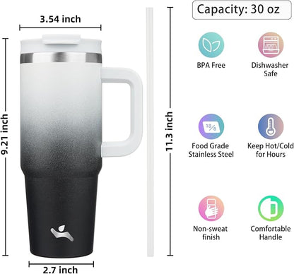 Konokyo 30 oz Insulated Tumbler Water Bottle with Handle, Straw Lid | BPA-free and dishwasher safe; made for gym, travel, coffee and gifting, 2 straws, cup holder friendly,Day Night