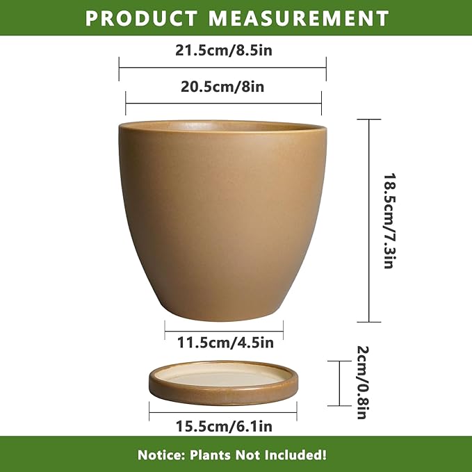 Ceramic Pots for Plants - 8 Inch Planter, Indoor Plant Pot with Drainage Hole and Saucers, Modern Flower Planter, Home Garden Patio Bathroom Porch Room Decor, Brown