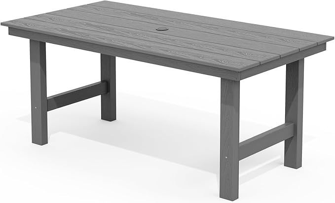 SERWALL 67" Outdoor Dining Table - HDPE All-Weather Rectangular Patio Table with Umbrella Hole, Gray