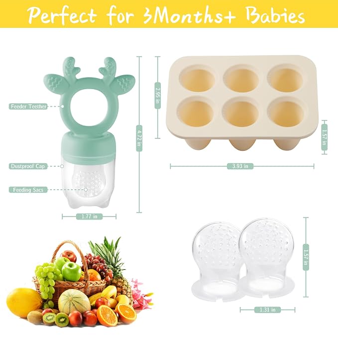 Baby Fruit Feeder with Popsicle Mold Cute Teething Toys Silicone Teethers for Babies 3-12 Months for Baby Feeding Gift (GreenB)