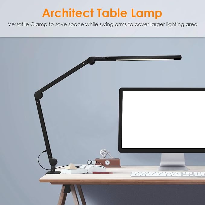 Desk Lamp with Clamp | Swing Arm Desk Light | Eye Caring Table Lamp, Dimmable, 5 Color Modes, Memory, Timer | Modern Architect Desk Lamps for Home Office Study Work Task Drafting Workbench