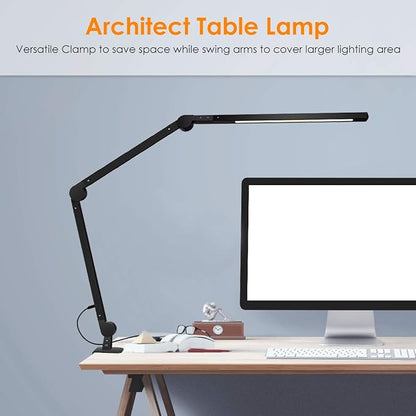 Desk Lamp with Clamp | Swing Arm Desk Light | Eye Caring Table Lamp, Dimmable, 5 Color Modes, Memory, Timer | Modern Architect Desk Lamps for Home Office Study Work Task Drafting Workbench