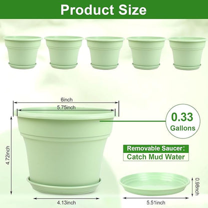 6 Inch Plastic-Flower Pot-for-Indoor Plants, 6 Pack Outdoor Plant Pots with Drainage Holes & Saucers, Resin Garden Pots Planters