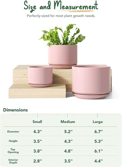 LE TAUCI Ceramic Plant Pots, 4.3+5.3+6.8 inch, Set of 3, Planters with Drainage Hole and Saucer, Indoor Flower Pot with Hole Mesh Pad, Gifts for Mom, Pink