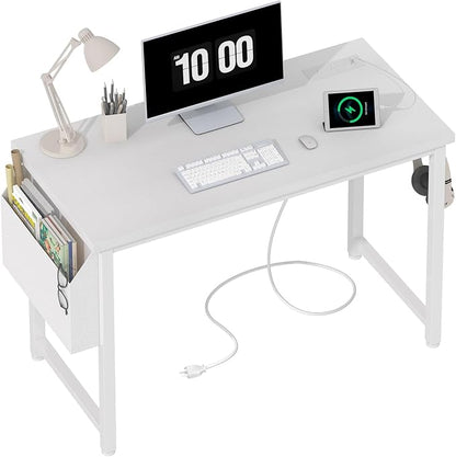 Lufeiya White Computer Desk with Power Outlet, 40 inch Simple Teen Study Table Home Office Work Writing Desks with Charging Station Outlets USB Port Built in, Storage Pocket，White