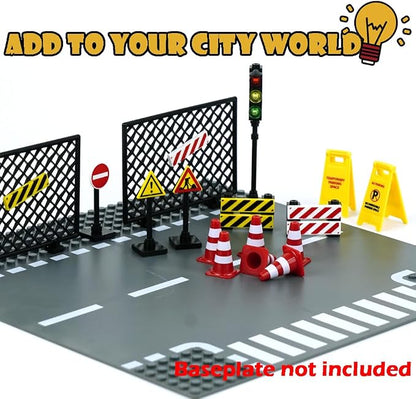City Road Signs Bricks Accessories, Construction Site Street Signs, Mini Traffic Cones & Crosswalk Signal Toys for Kids Building Blocks Toys for Boys Girls