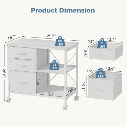 DUMOS 3 Drawer Mobile File Cabinet, Freestanding Fabric Lateral Filing Cabinet Fits A4/Letter Size, Space Saving Rolling Printer Stand with X-Frame and Open Storage Shelf for Home Office, White