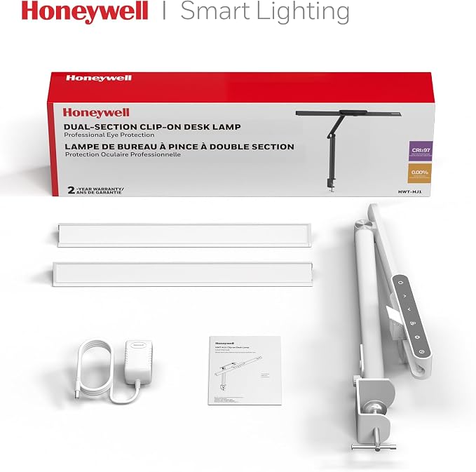 Honeywell HJ1 Sunturalux LED Clamp Desk Lamp 1200LM for Computer | CRI≥97, 4 Color Temps, Eye-Caring, Architect Task Lamp for Workbench, Reading, White