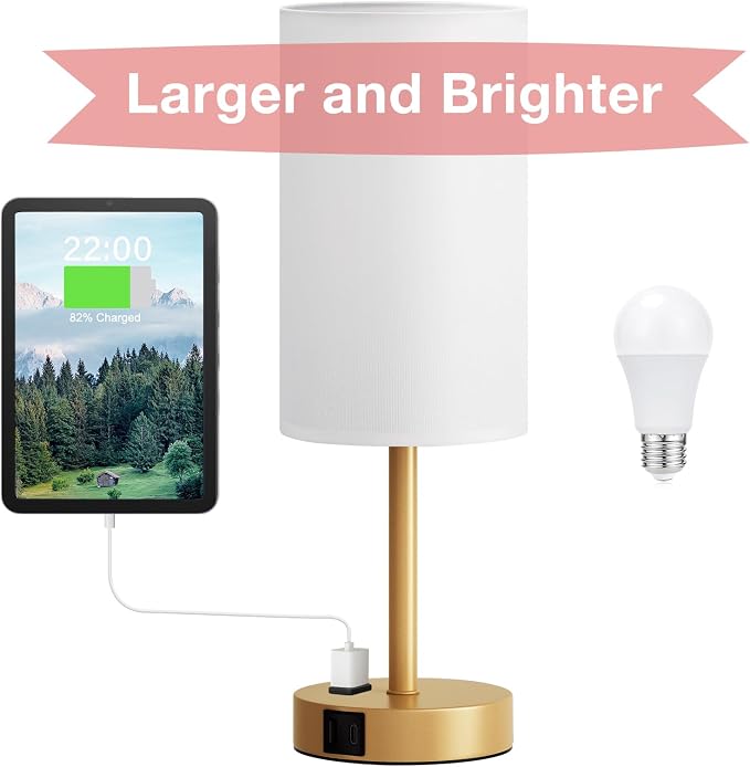 Fenmzee Gold Nightstand Bedroom Lamp - 3 Way Dimmable Bedside Lamp USB C A Charging Ports and AC Outlet, Small Table Lamp Linen Lampshade for Office Desk