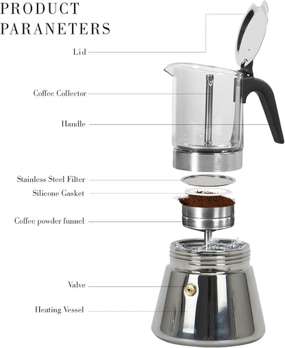 LAOION Stovetop Espresso Maker, 9Cup 360ml Moka Pot, Cuban Coffee Make | Crystal Glass-top & Stainless Steel Coffee Maker Mocha Pot, Greca De Cafe, Cuban and Italian Coffee Maker for Cafetera Cubana
