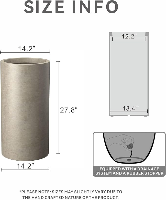 Kante 27.8 Inch Tall Cylindrical Planter, Large Round Plant Pots with Drainage Hole, Made with Concrete, Suitable for Indoor Outdoor Plants, Home Decor, Weathered Concrete