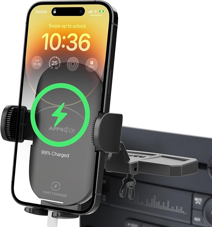 APPS2Car Sturdy CD Slot Phone Mount Upgraded Wireless Charger with One Hand Operation Design, Hands-Free Car Phone Holder Compatible with iPhone 17 Pro Max Plus 16 15 14 13 12 11, Samsung S25 S24