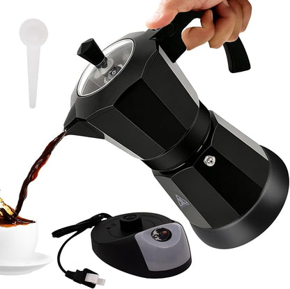 Electric Aluminum Moka Pot 3-6 Cup 150-270ml Espresso Maker | with Detachable Base Ideal Coffee Makers for Home MochaPot Italian and Cuban Café Coffeemaker Espressomaker CoffeePot Black