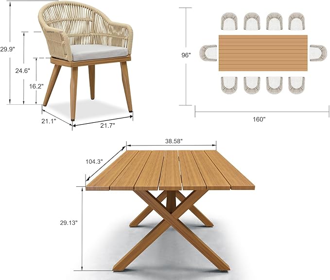 PURPLE LEAF 11 Pieces Patio Dining Set with Outdoor Aluminium Dining Table and Woven Chairs Modern Metal Furniture Cushions Sets for Garden Yard Indoor Decor Kitchen Teak