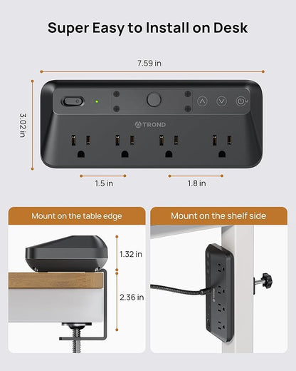 TROND LED Desk Lamp with Clamp Power Strip - Eye Caring Desk Light with 4 Surge Protector Outlet, 15 Lighting Mode, 6ft Flat Plug Extension Cord, Gooseneck for Home Office College Dorm Room Essentials