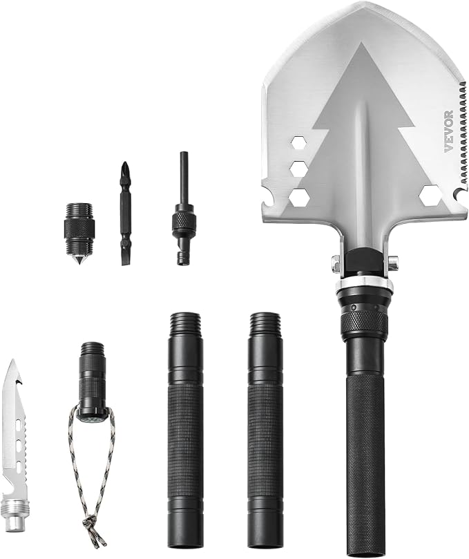 VEVOR Survival Shovel, 11 in 1 Camping Shovel Folding Multitool Kit, Portable and Compact, Stainless Steel, Multifunction for Off-Roading, Camping, Hiking, Outdoor, Survivalist and Emergency