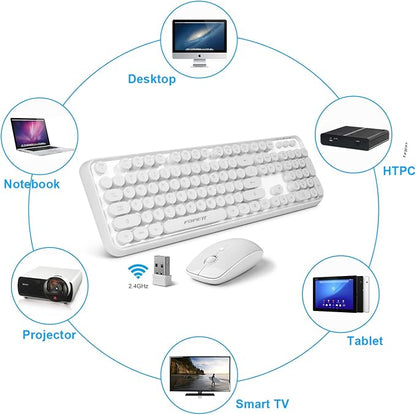 FOPETT Wireless Keyboard and Mouse Combo, 104 Keys Full-Sized 2.4 GHz Round Keycap Colorful Keyboards, USB Receiver Plug and Play, for Windows, Mac, PC, Laptop, Desktop (White)