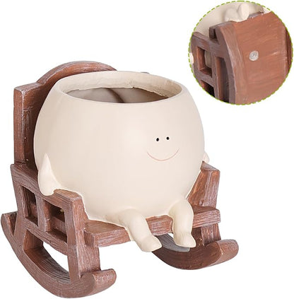 Smily Face Planter Pot Cute Resin Flower Head Planters for Indoor Outdoor Plants Unique Sitting Rocking Chairs Succulent Pots for String of Pearls Plant Live Gift Ideals with Drainage Hole