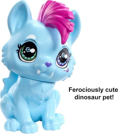 Mattel Cave Club Tella Doll (8 10-inch, Blue Hair) Poseable Prehistoric Fashion Doll with Dinosaur Pet and Accessories, Gift for 4 Year Olds and Up