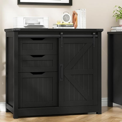 Halitaa Lateral File Cabinets with Adjustable Shelf, Farmhouse Filing Cabinet with Lock for Home Office, Filing Organization Storage Cabinets with Sliding Barn Door for Hanging Files Letter/A4,Black