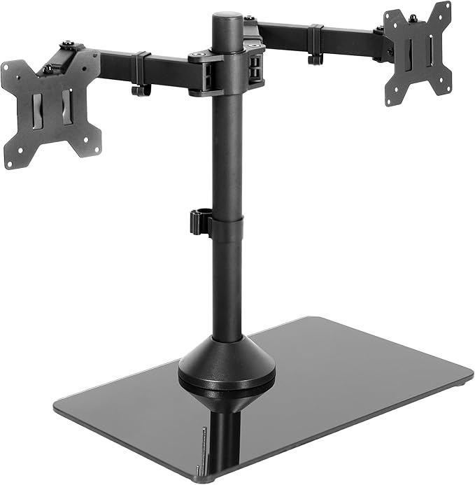 VIVO Freestanding Dual Monitor Stand with Sleek Glass Base and Adjustable Arms, Mounts 2 Screens up to 32 inch and 22 lbs Each, Black, STAND-V002FG | Articulating, Freestanding Adjustable Monitor Arm, Black with Glass Base, Computer Stand for 2 Monitor...