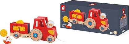 Janod Wooden Pull-Along Tractor Toy with Removable Trailer, Hen, Sheep & 4 Hay Bales – Quiet-Wheel Farm Playset & Walking Aid – Ages 12 Months+ - J03317