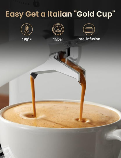 Neretva Stainless Steel Espresso Machine with Visible Pressure Guage-White | 15 Bar Professional Espresso Maker with Powerful Milk Frother and LED Display for Home Baristas to Make Latte, Cappuccino