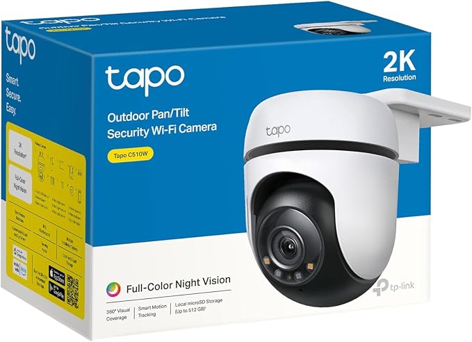 Tapo 2K Outdoor Wired Pan/Tilt Security Wi-Fi Camera, 360° View, Motion Tracking, Works w/Alexa & Google Home, Color Night Vision, Free AI Detection, Cloud & SD Card Storage(up to 512GB), Tapo C510W